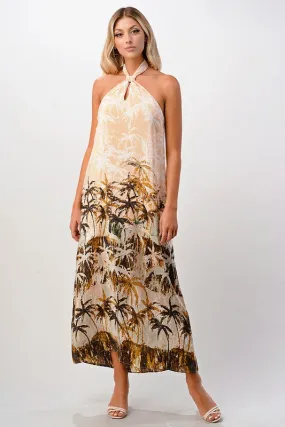 100 Silk Halter maxi dress with palm tree printed