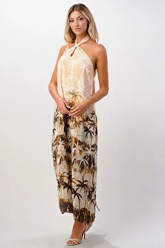 100 Silk Halter maxi dress with palm tree printed