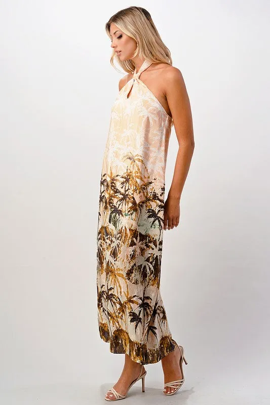 100 Silk Halter maxi dress with palm tree printed