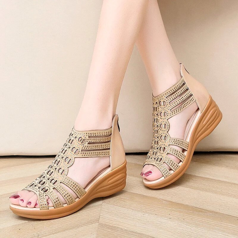 2023 Women Sandals Spring Summer Ladies Women Wedge Sandals Fashion Fish Mouth Hollow Roma Shoes Lady Shoes Platform Black Beige