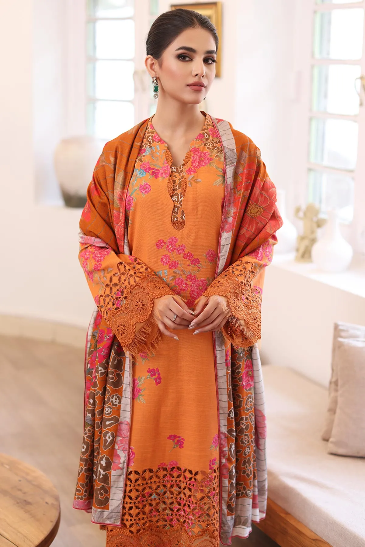 3-PC UNSTITCHED EMBROIDERED KHADDAR SUIT WITH PRINTED WOOL SHAWL CCW3-01