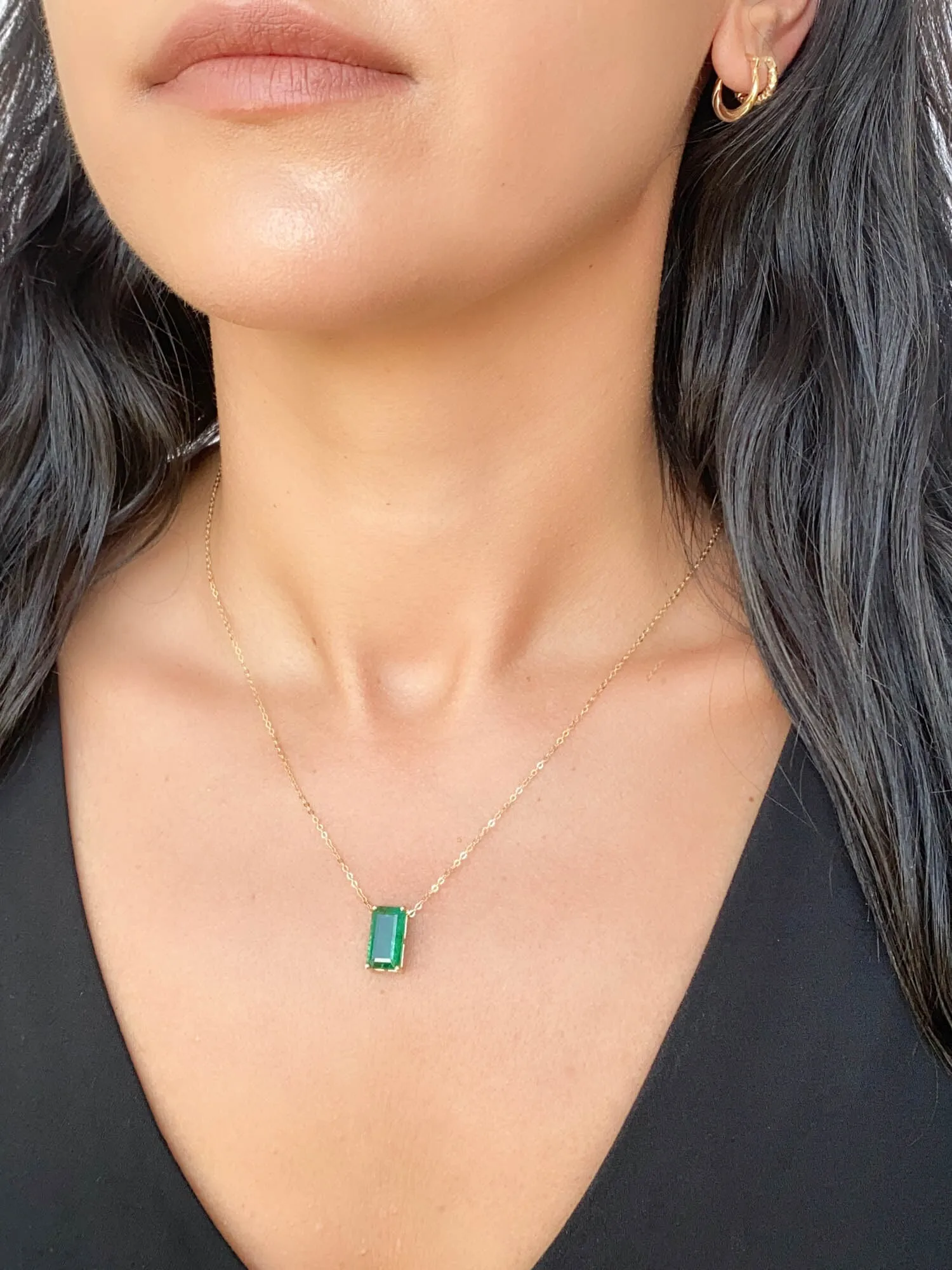 3.76ct Elongated Emerald Pendant Necklace 14K Gold Wear Multiple Ways R4471