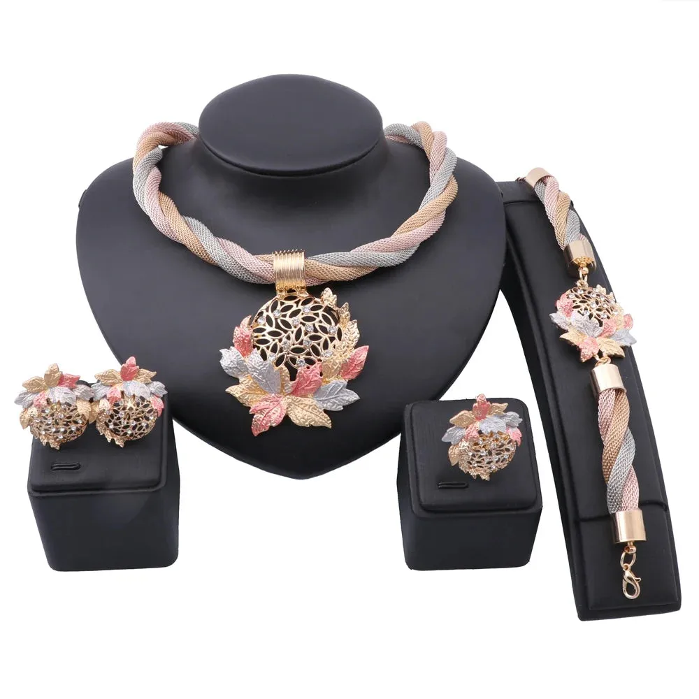 African Gold color Leaves Crystal Necklace Earrings Jewelry Set