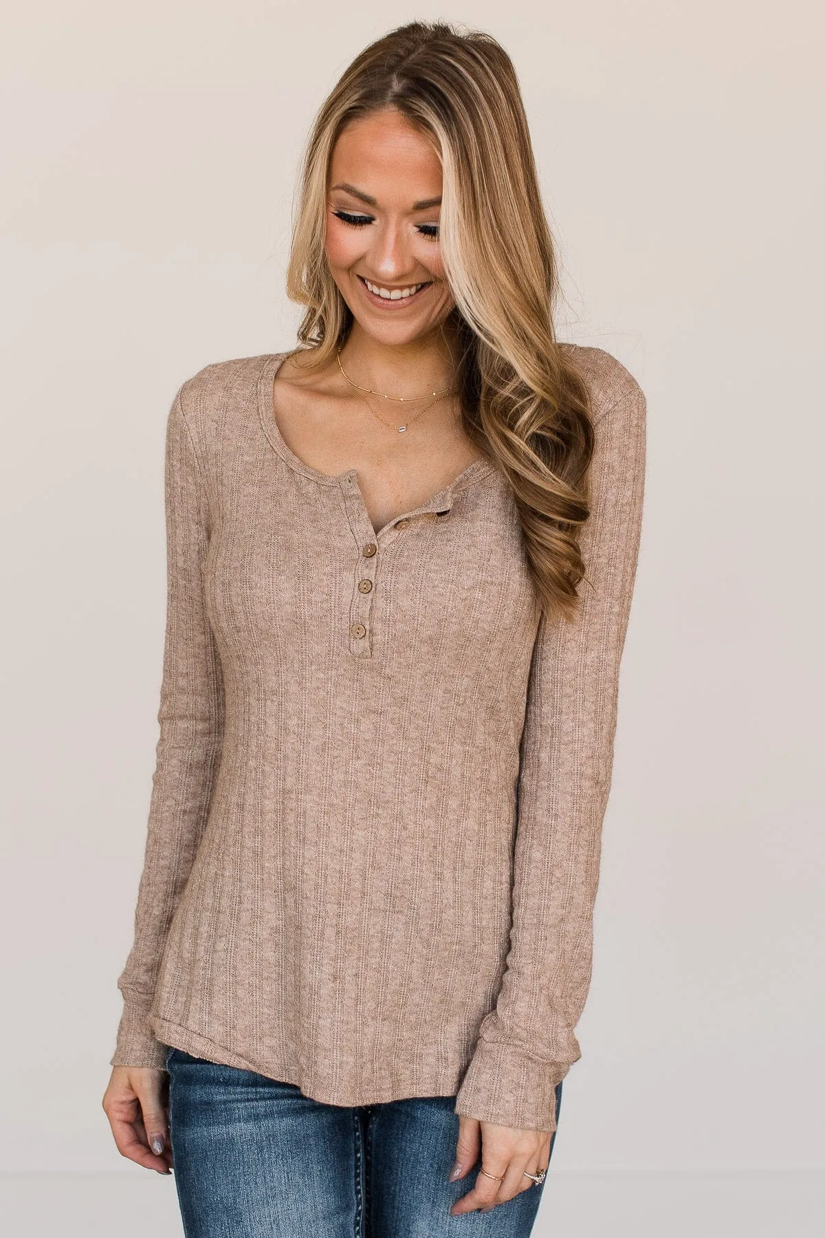 At My Best Knit Button Top- Taupe