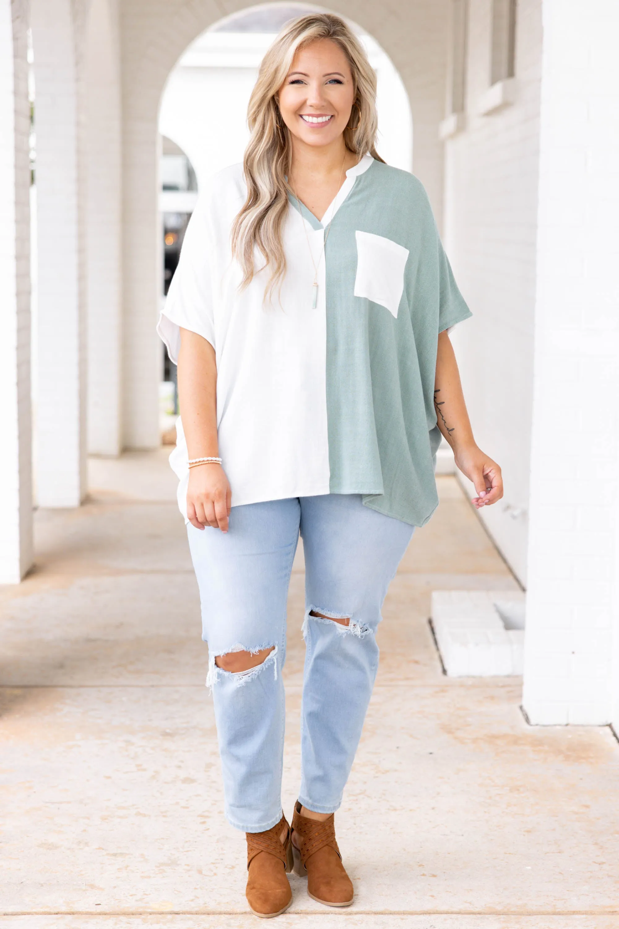 Beautiful Mistake Top, Sage-Off White