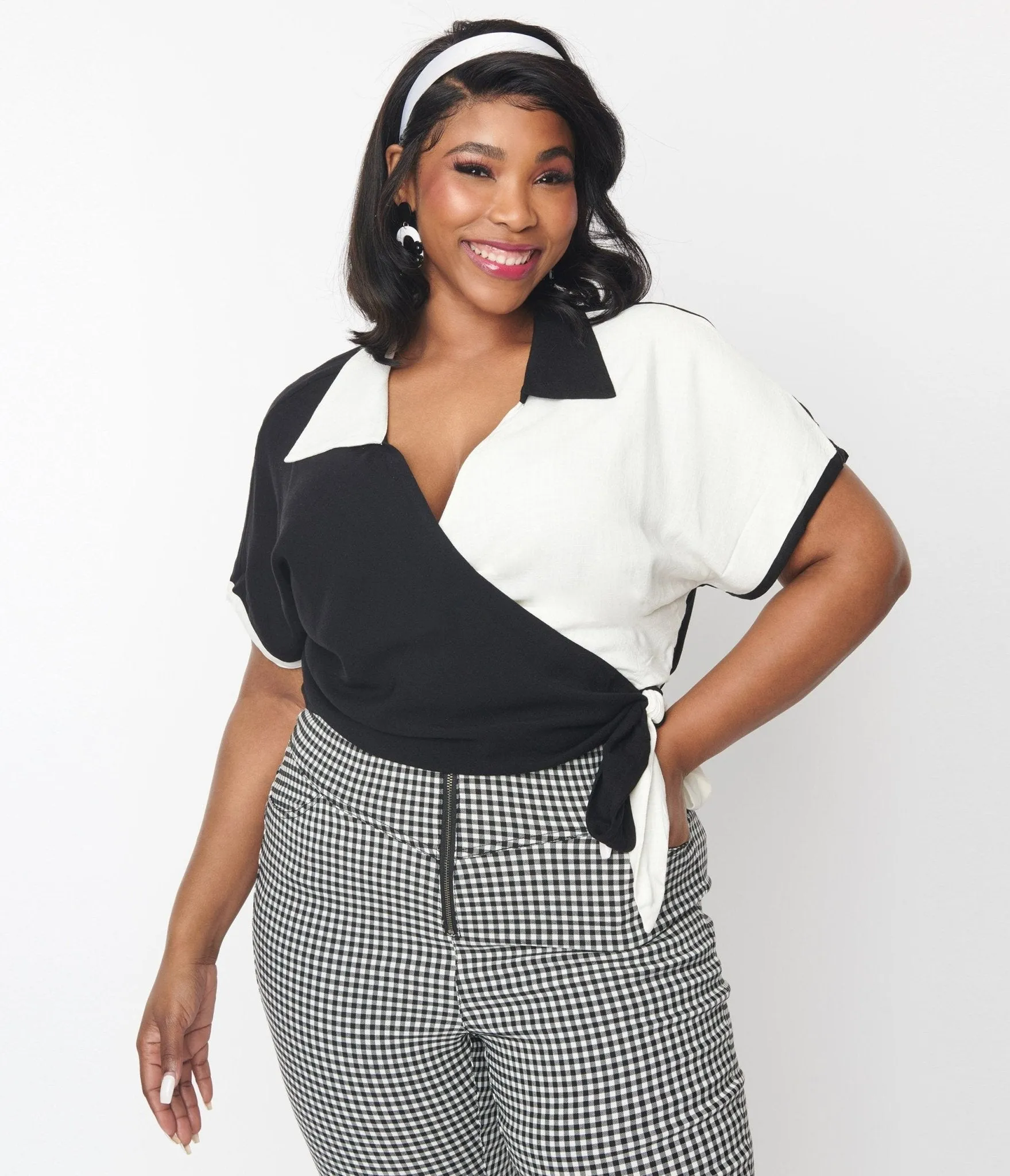 Black & White Colorblock Bowler Wrap Top