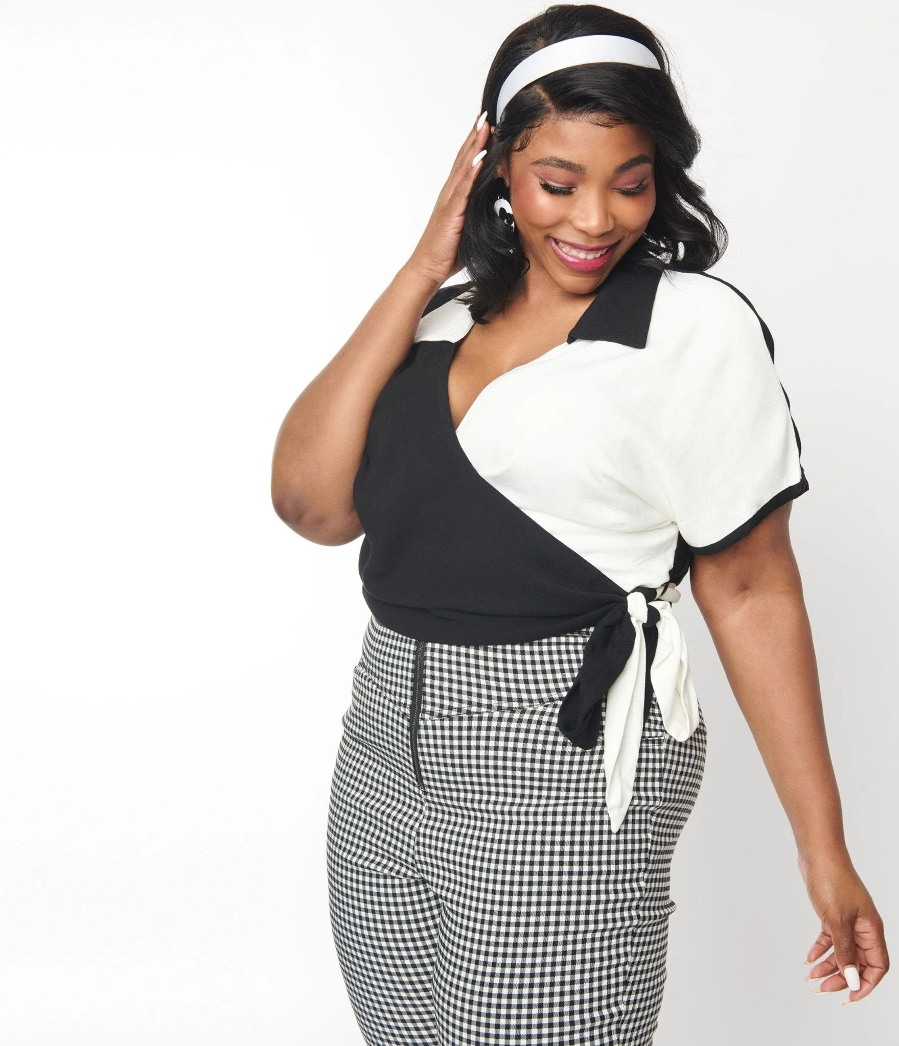 Black & White Colorblock Bowler Wrap Top