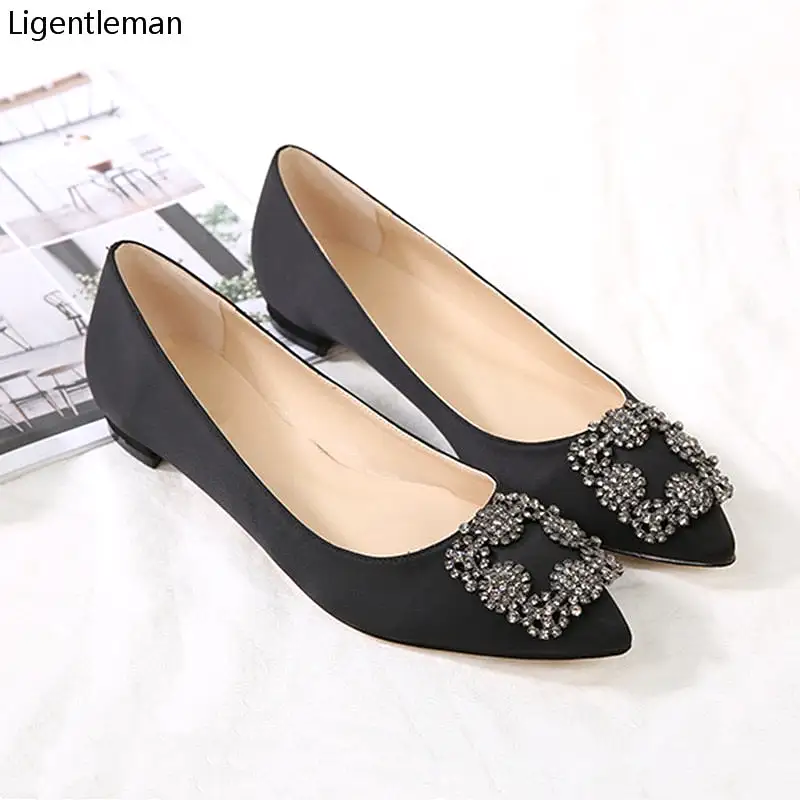 Black Satin Cloth Flats Shoes Woman Basic 2023 Fashion Sequined Rhinestones Crystal Diamond Flats Bridal Shoe Work Women Shoes