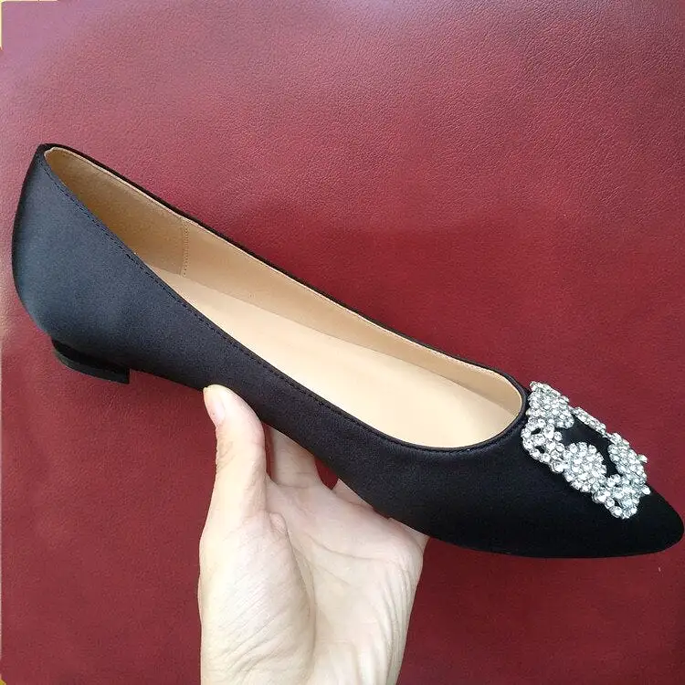 Black Satin Cloth Flats Shoes Woman Basic 2023 Fashion Sequined Rhinestones Crystal Diamond Flats Bridal Shoe Work Women Shoes