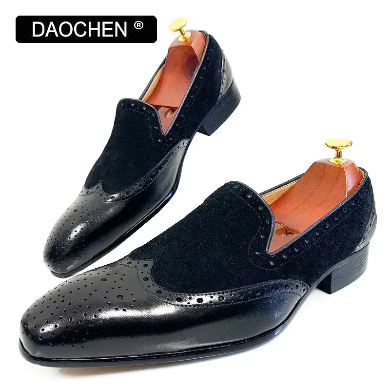 BLACK WINGTIP REAL LEATHER MEM SHOES SLIP ON DRESS WEDDING LOAFERS SHOES