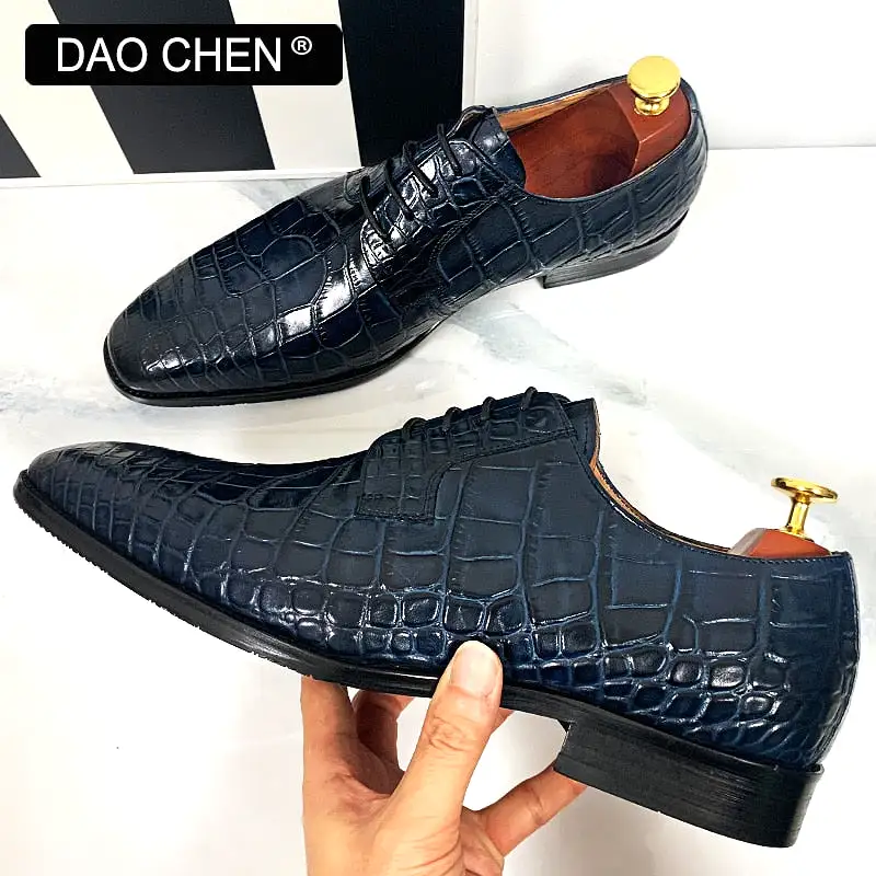 BLUE BLACK CROCODILE SHOES LACE UP CASUAL DRESS MAN SHOE OFFICE WEDDING SHOES FOR MEN