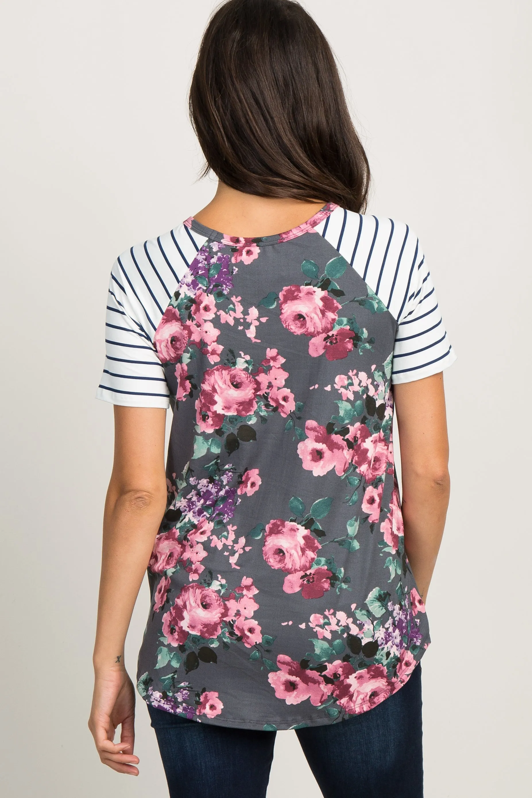 Charcoal Floral Colorblock Striped Top