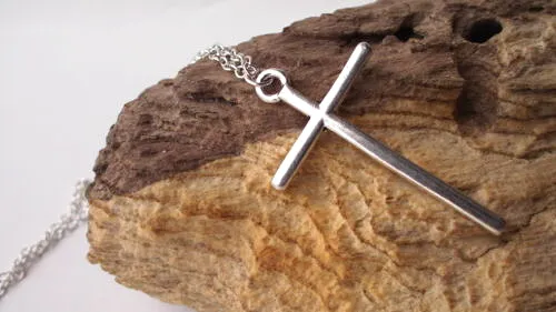 Cross Necklace Simple Crucifix Skinny Pendant Silver Chain Long Mens Ladies New