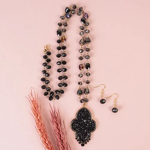 Crystal Necklace with Black Glitter Pendant