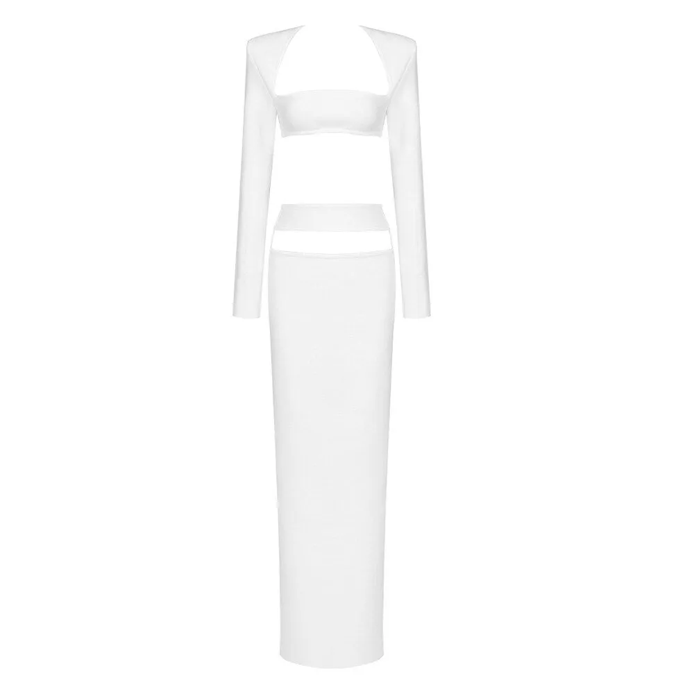 Designer Runway Suit Set Women Square Neck Long Sleeve Sexy Hollow Out Tube top Bandage Long Skirt