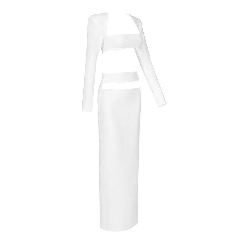 Designer Runway Suit Set Women Square Neck Long Sleeve Sexy Hollow Out Tube top Bandage Long Skirt