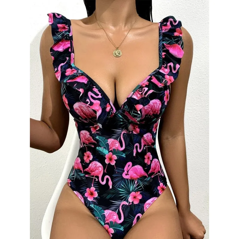 Floral Ruffle High Leg Brazilian Swimsuit Sexy Push Up Women's Monokini