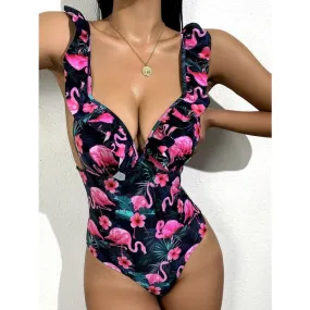 Floral Ruffle High Leg Brazilian Swimsuit Sexy Push Up Women's Monokini