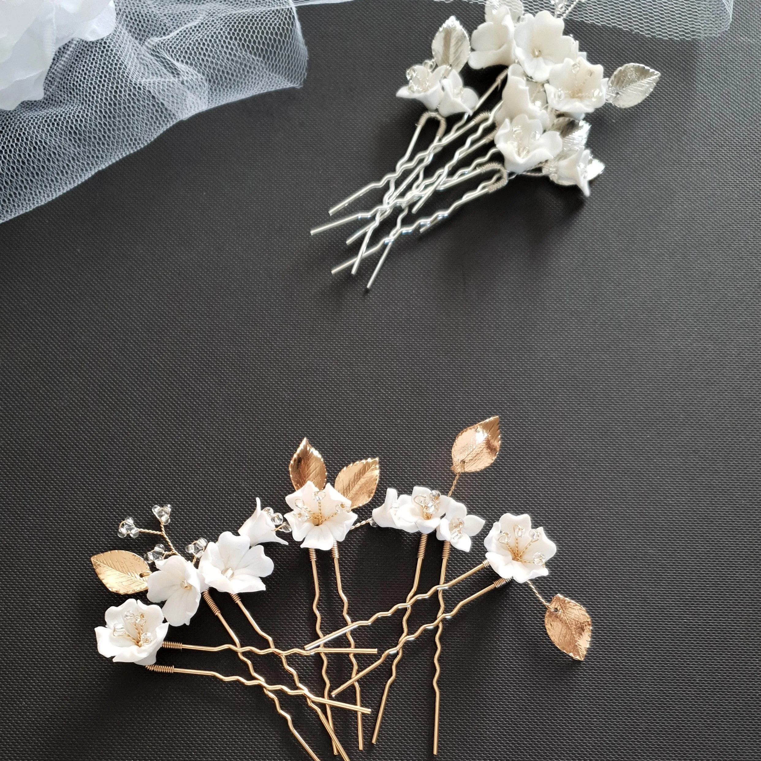 Gold Wedding Hair Pins with White Flowers-Magnolia