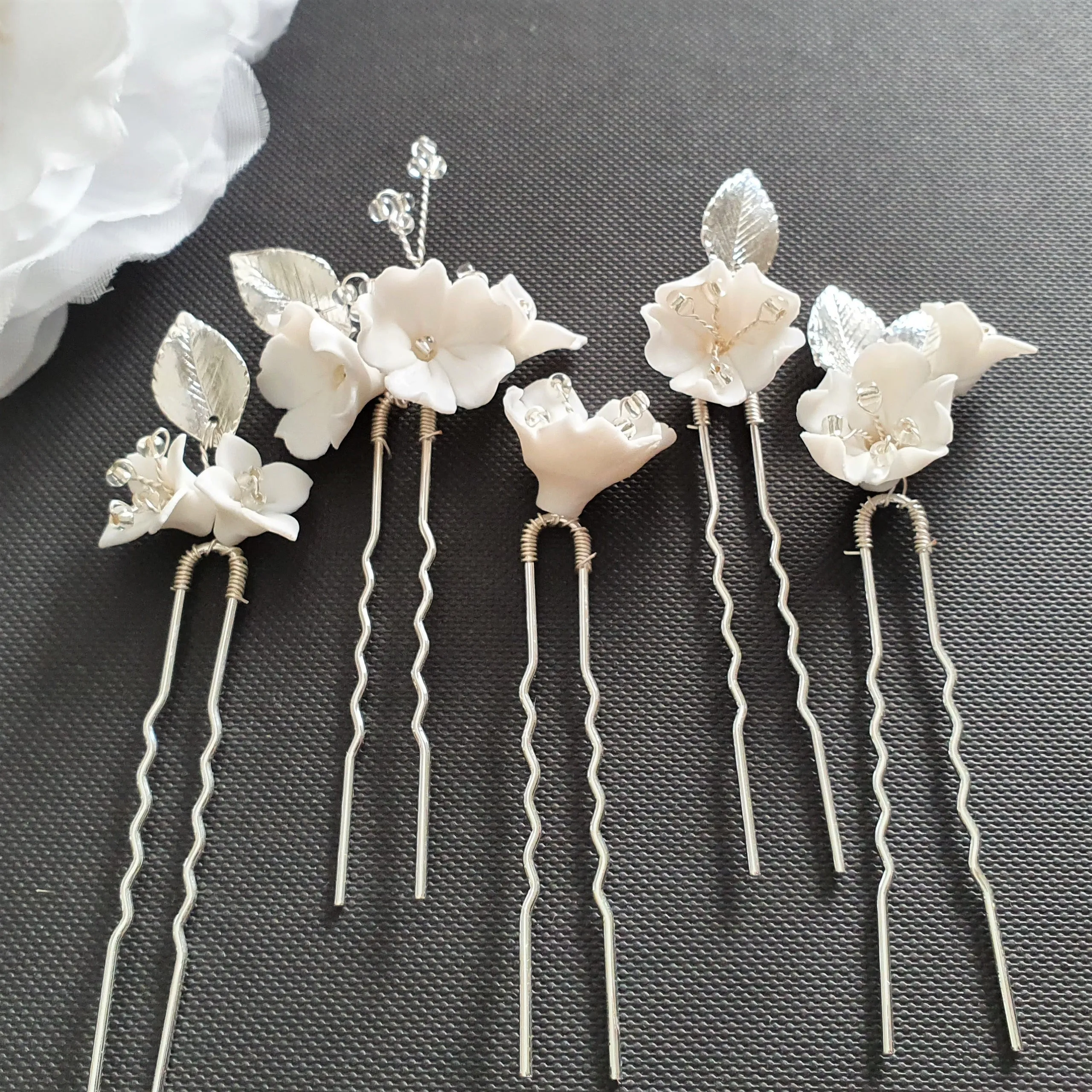 Gold Wedding Hair Pins with White Flowers-Magnolia