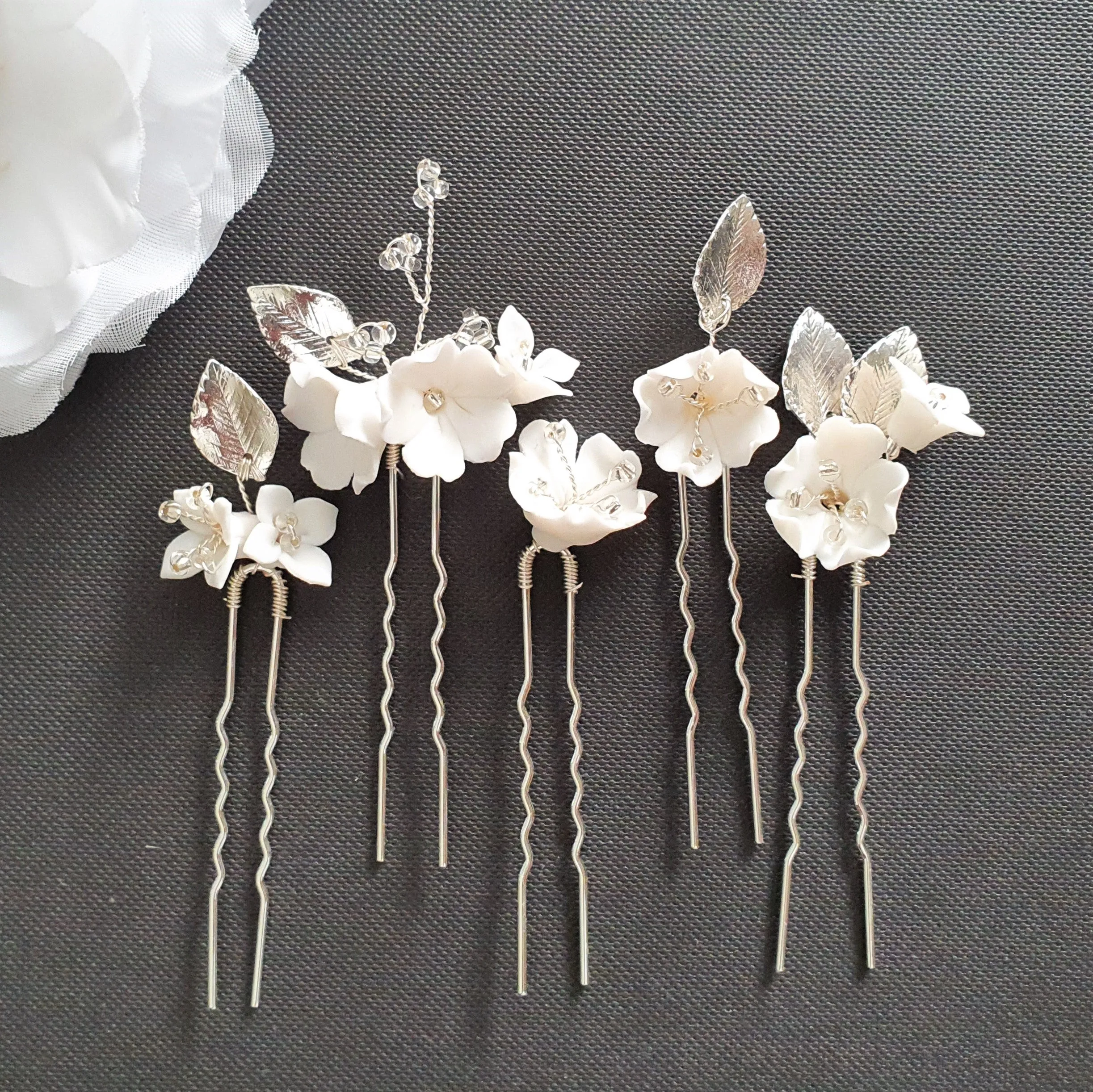 Gold Wedding Hair Pins with White Flowers-Magnolia