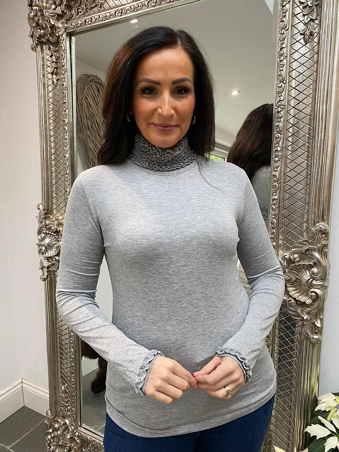 Grey Ruffle Roll Neck Top Regan