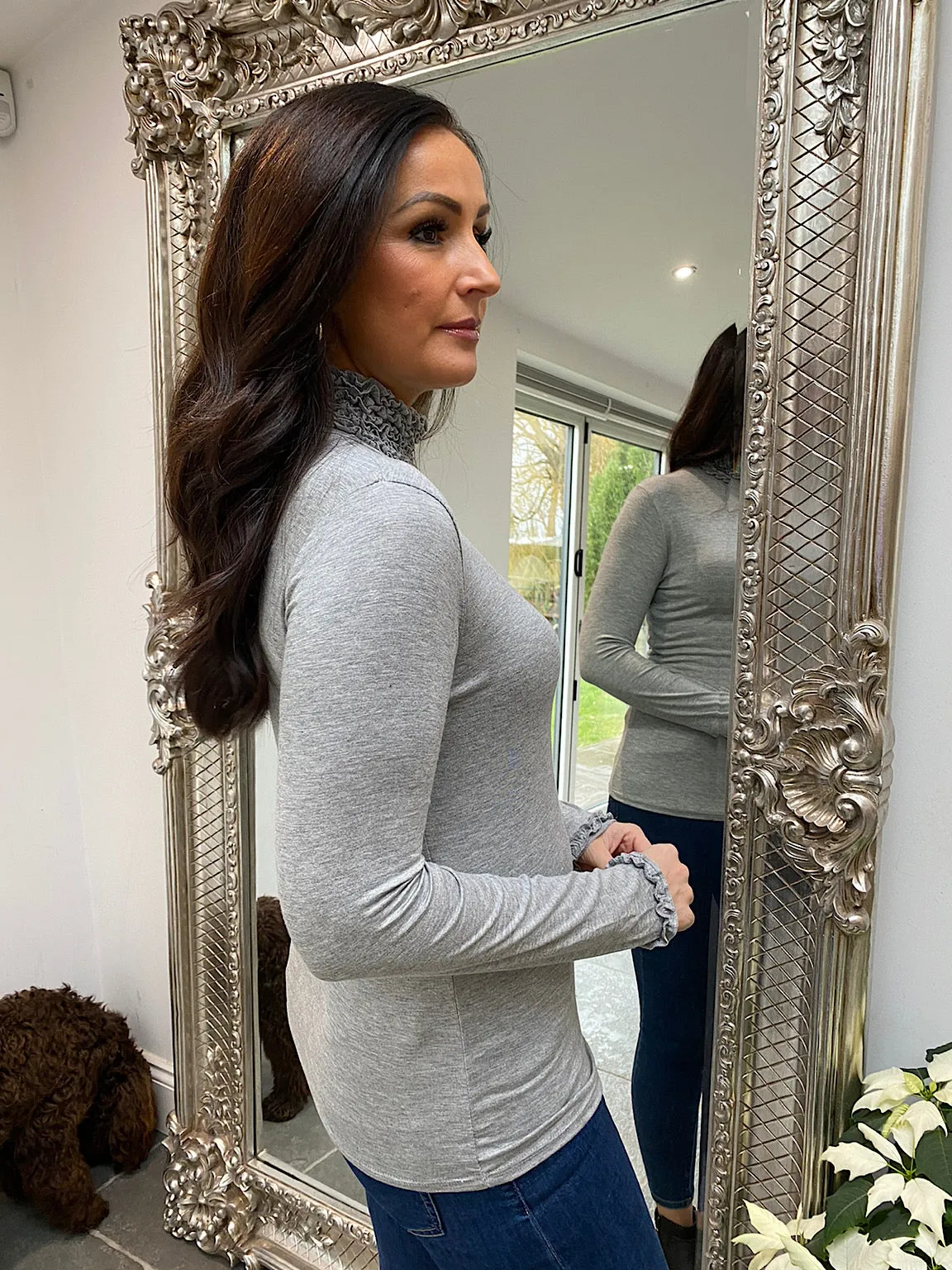 Grey Ruffle Roll Neck Top Regan