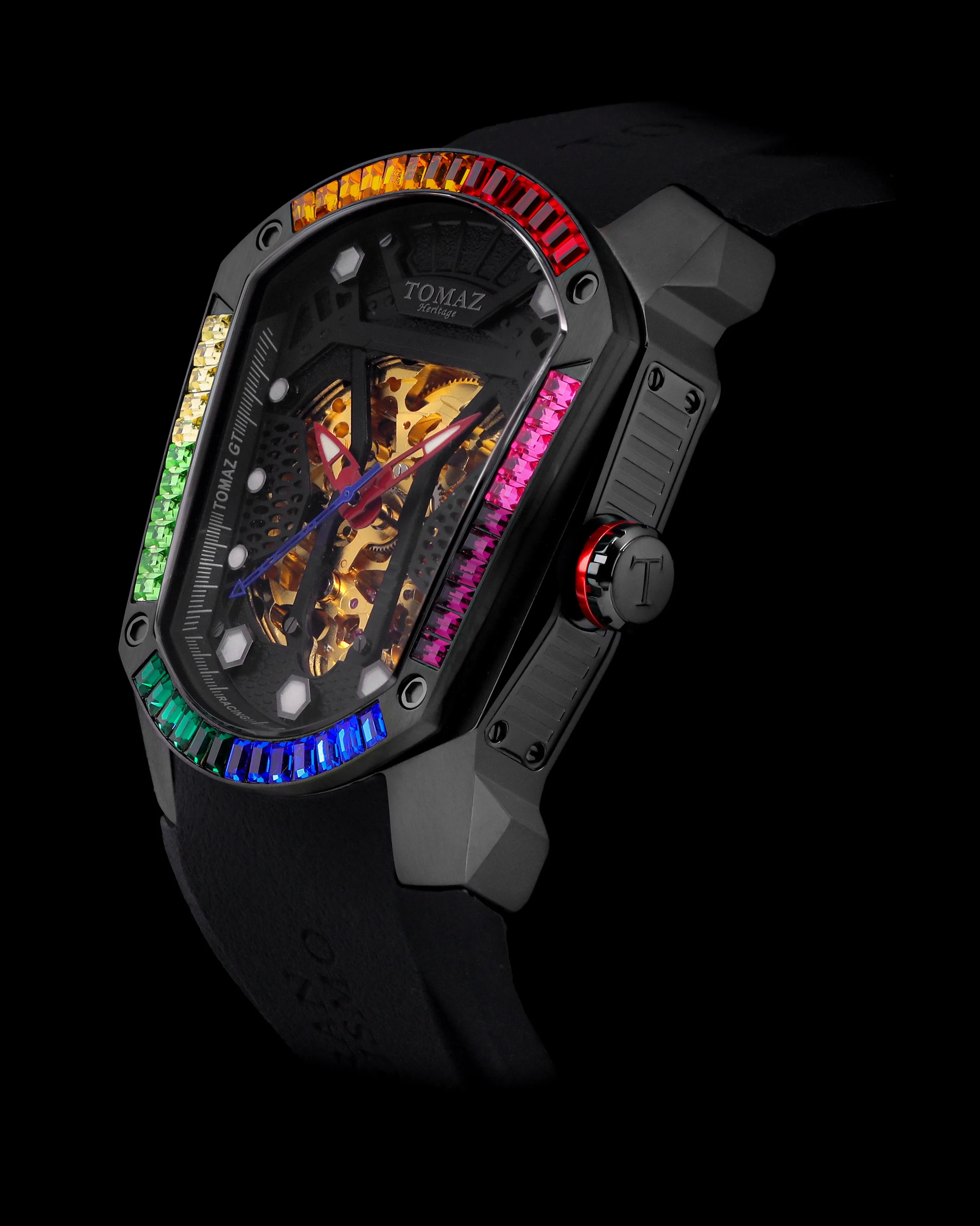 GT Skeleton TW028-D21 (Black) with Rainbow Swarovski (Black Rubber Strap)