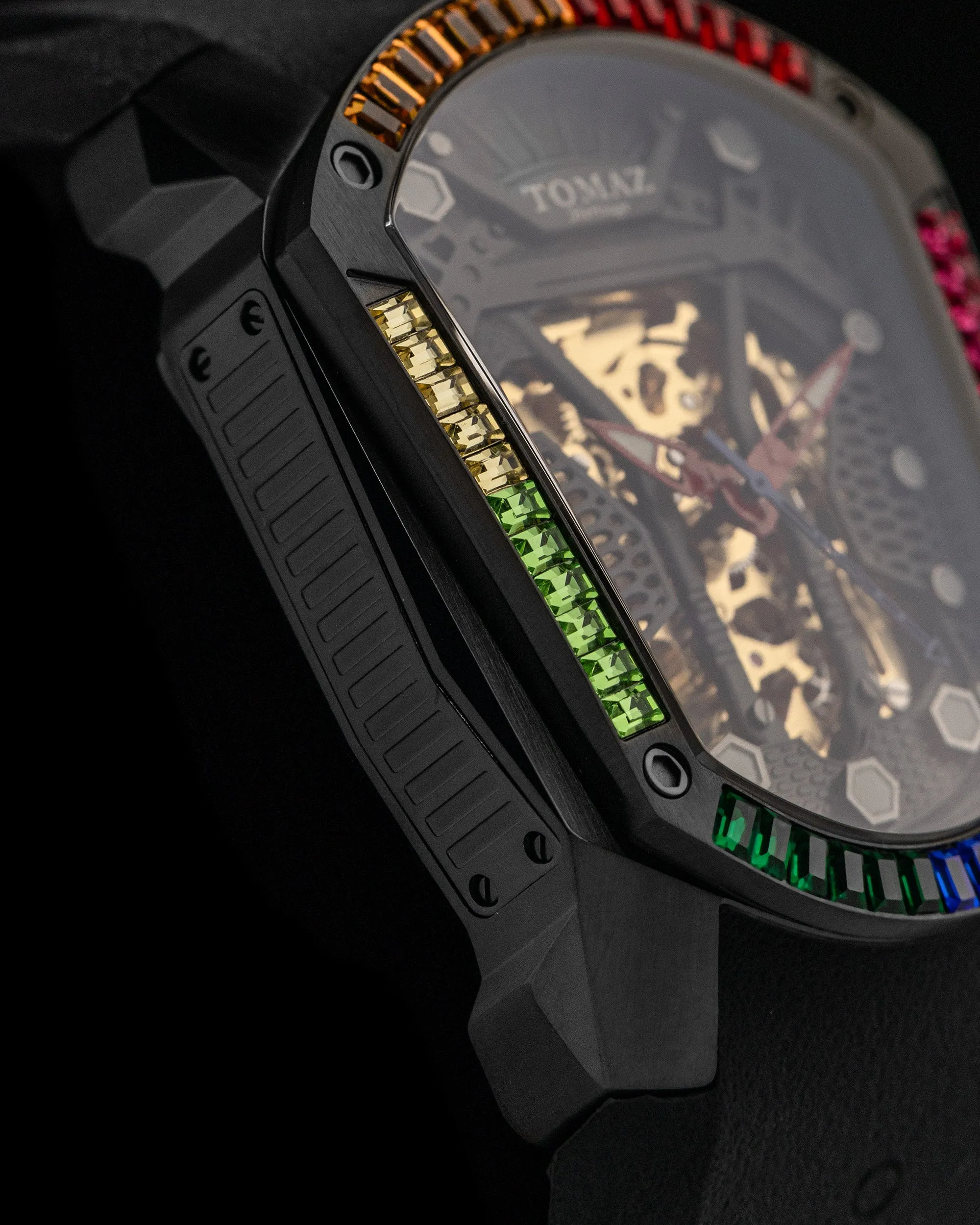 GT Skeleton TW028-D21 (Black) with Rainbow Swarovski (Black Rubber Strap)