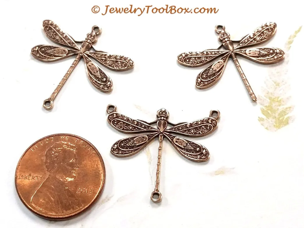 Large Antique Copper Dragonfly Connector Charm, 2 Loops, Lot Size 10, #05C