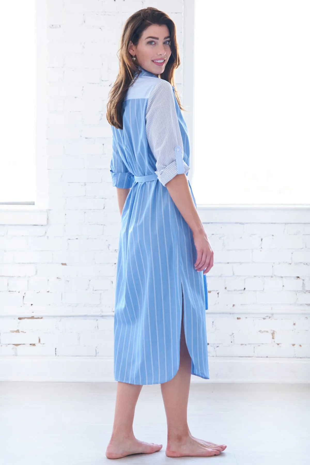 Long Alex Shirt Dress Colorblock Blue Stripe