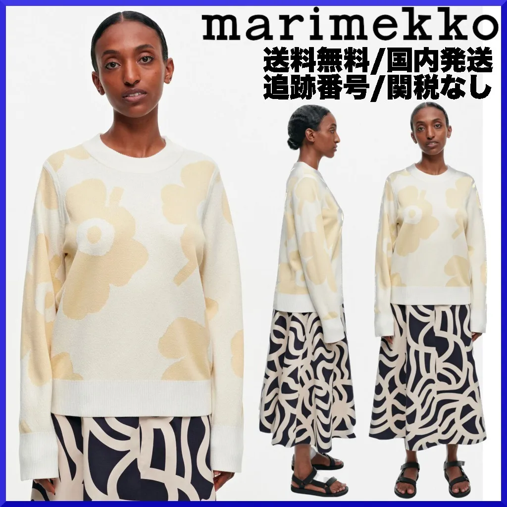 marimekko  |Crew Neck Flower Patterns Casual Style Wool Nylon Rib