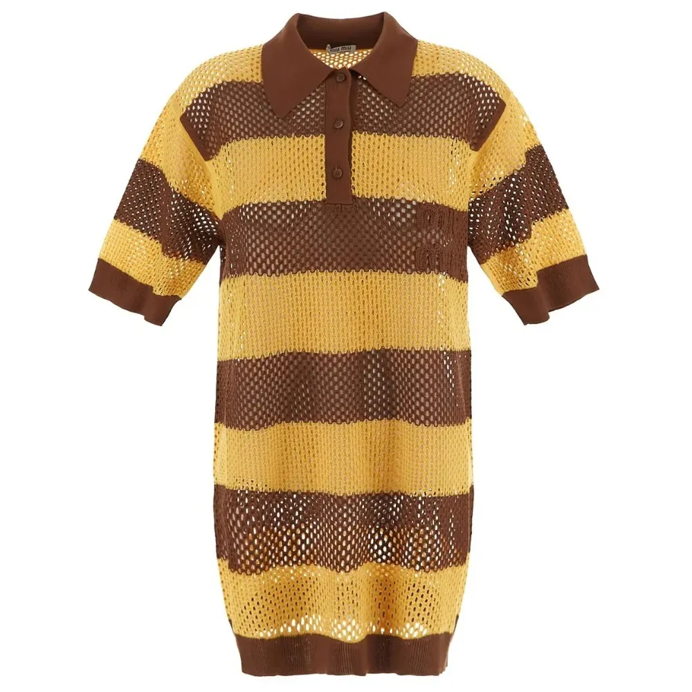 MiuMiu  |Stripes Silk Short Sleeves V-neck & Crew neck