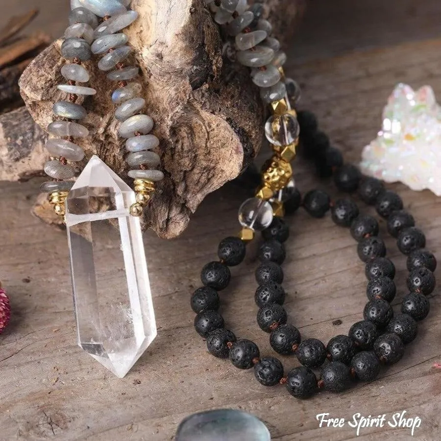 Natural Labradorite Black Lava Stones & Quartz Crystal Necklace