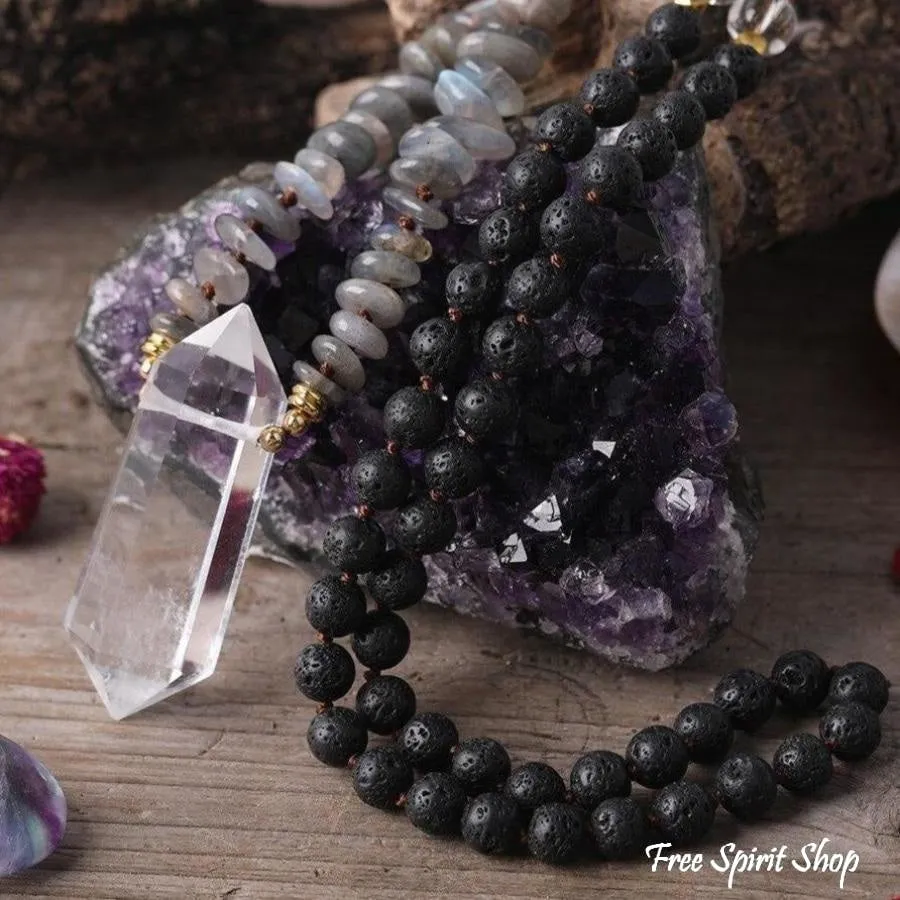 Natural Labradorite Black Lava Stones & Quartz Crystal Necklace