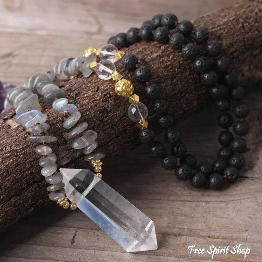 Natural Labradorite Black Lava Stones & Quartz Crystal Necklace