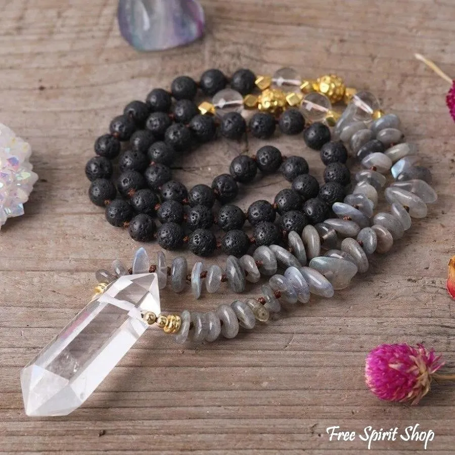 Natural Labradorite Black Lava Stones & Quartz Crystal Necklace