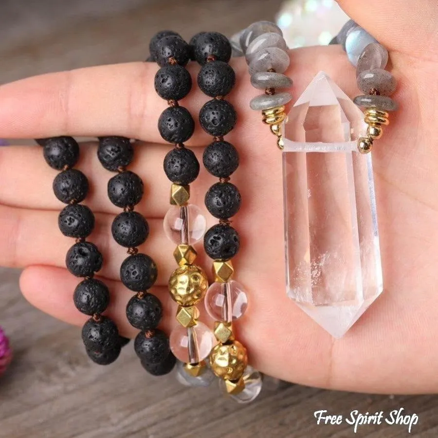 Natural Labradorite Black Lava Stones & Quartz Crystal Necklace