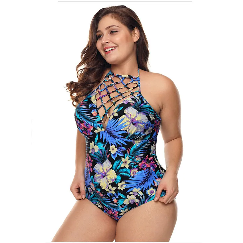 Plus Size One Piece Swimsuits Floral Tummy Control Swimwear Halter