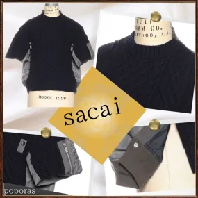 sacai  |Casual Style Wool Nylon Plain Short Sleeves Party Style