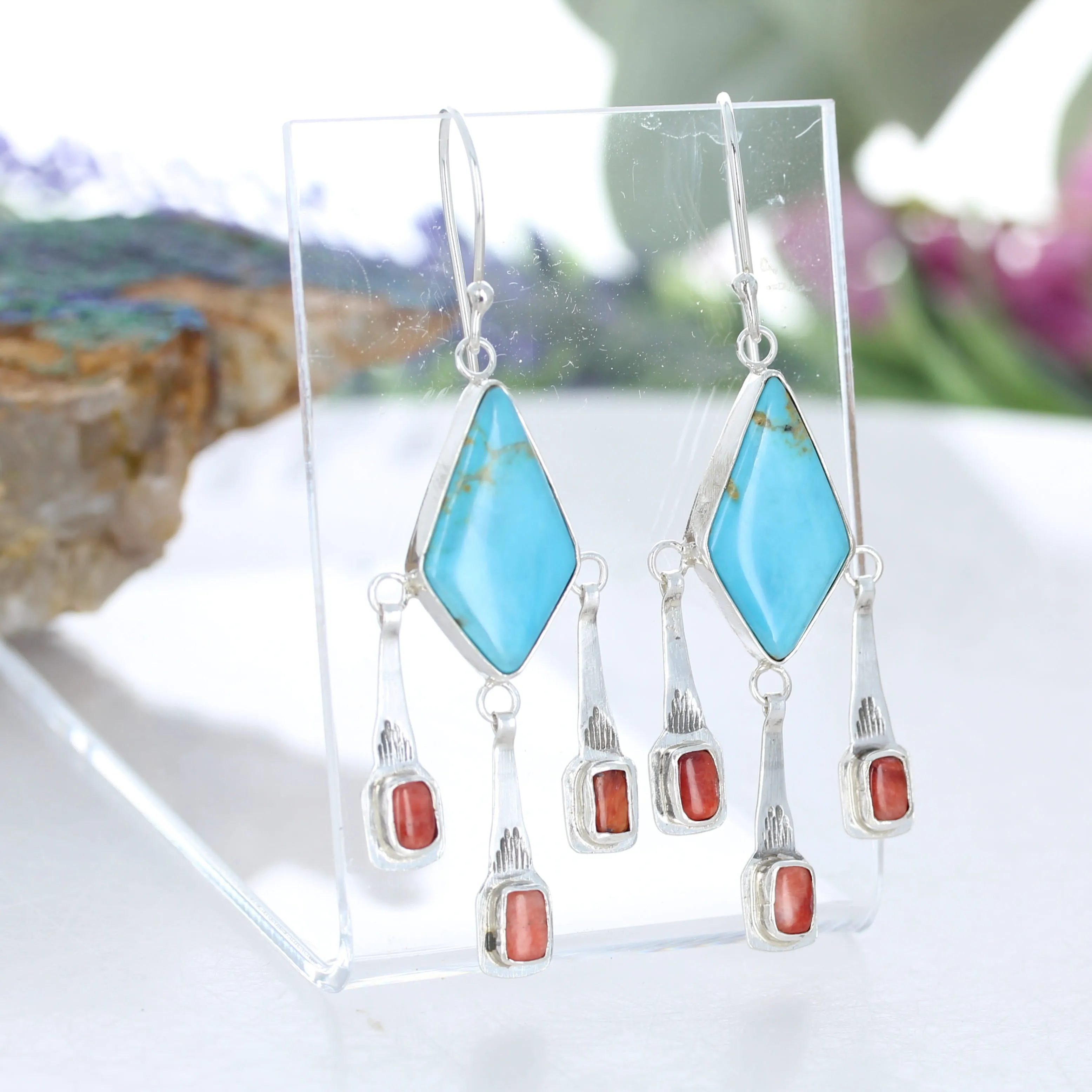 Sky Blue Kingman Turquoise with Spiny Oyster Boho Dangle Earrings Sterling