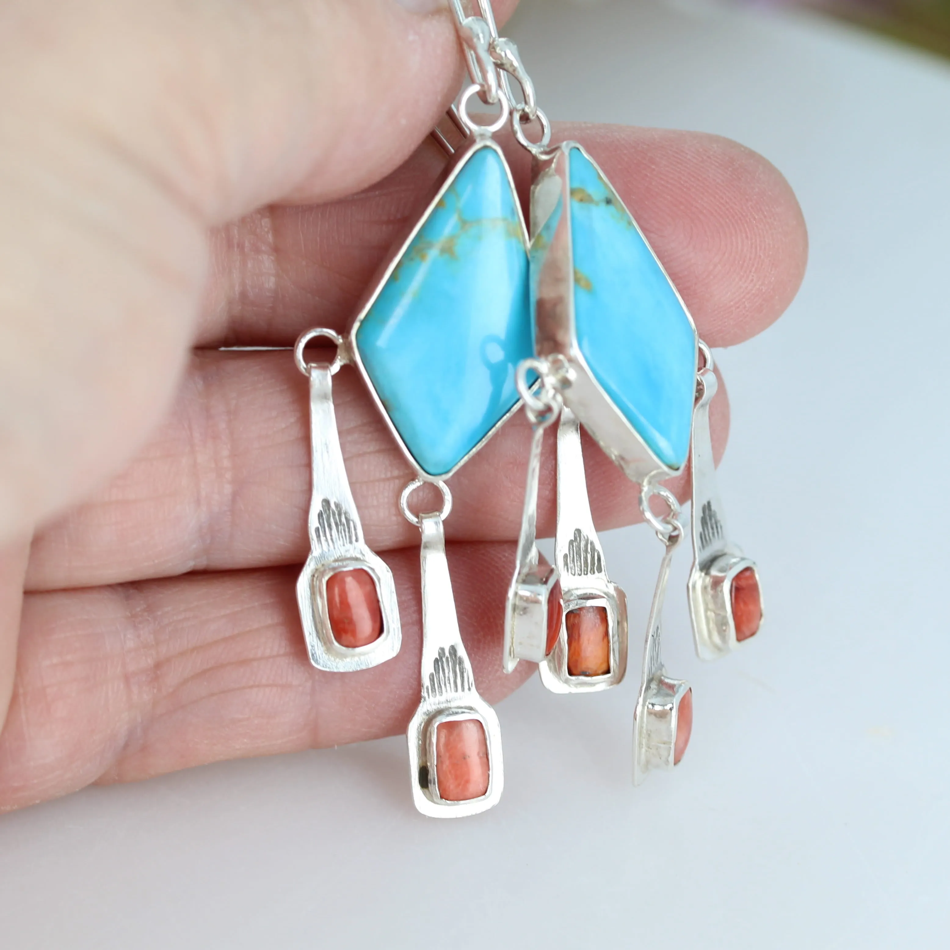 Sky Blue Kingman Turquoise with Spiny Oyster Boho Dangle Earrings Sterling