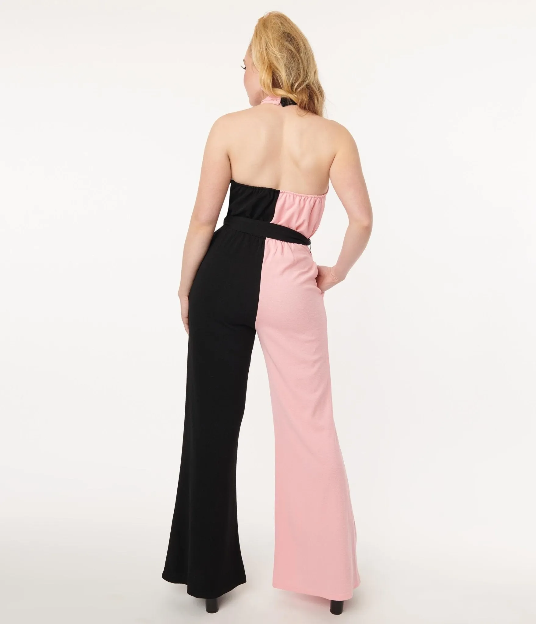 Smak Parlour 1970s Pink & Black Colorblock Draped Darling Jumpsuit