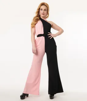 Smak Parlour 1970s Pink & Black Colorblock Draped Darling Jumpsuit