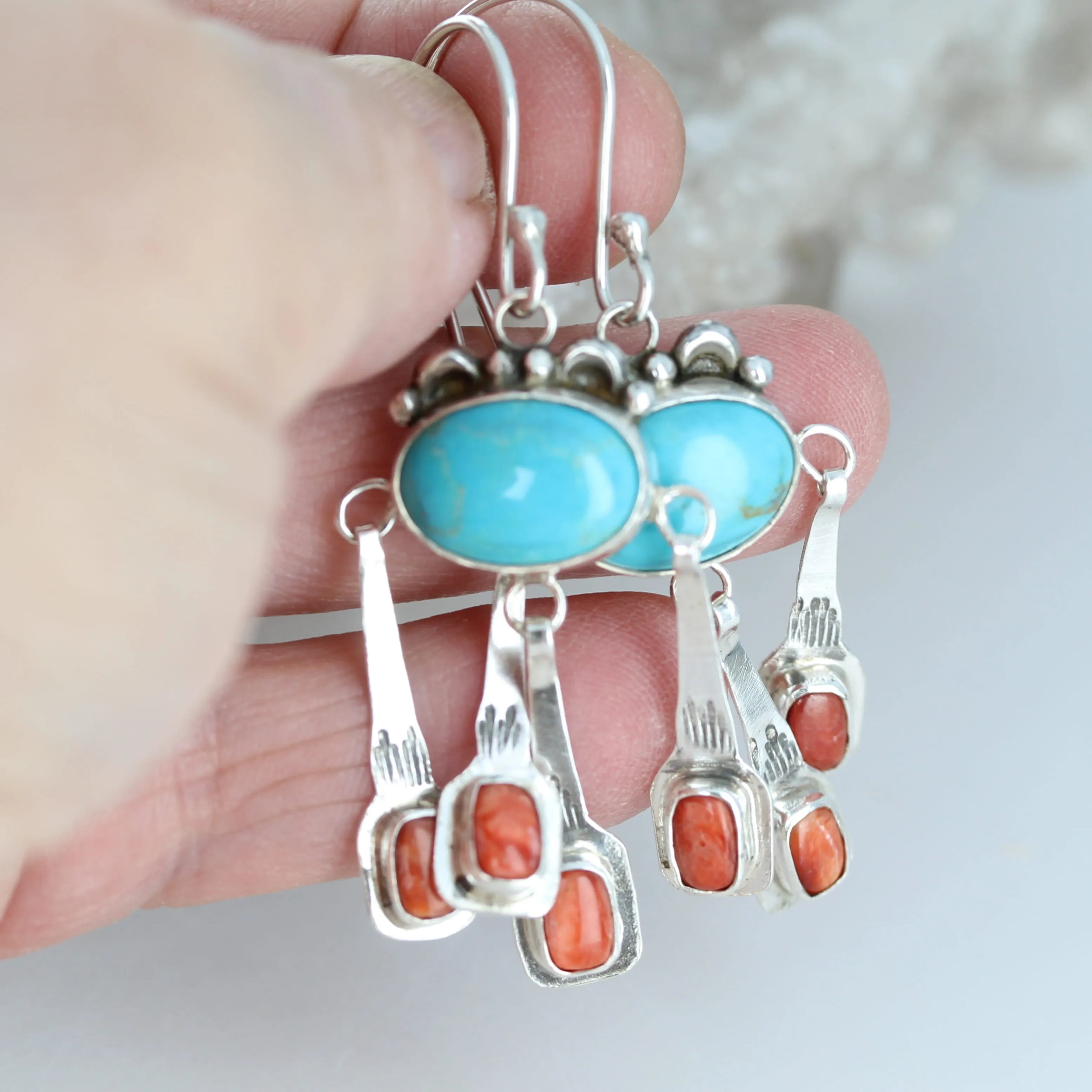 Sonoran Rose Turquoise with Spiny Oyster Boho Dangle Earrings Sterling