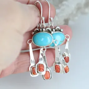 Sonoran Rose Turquoise with Spiny Oyster Boho Dangle Earrings Sterling