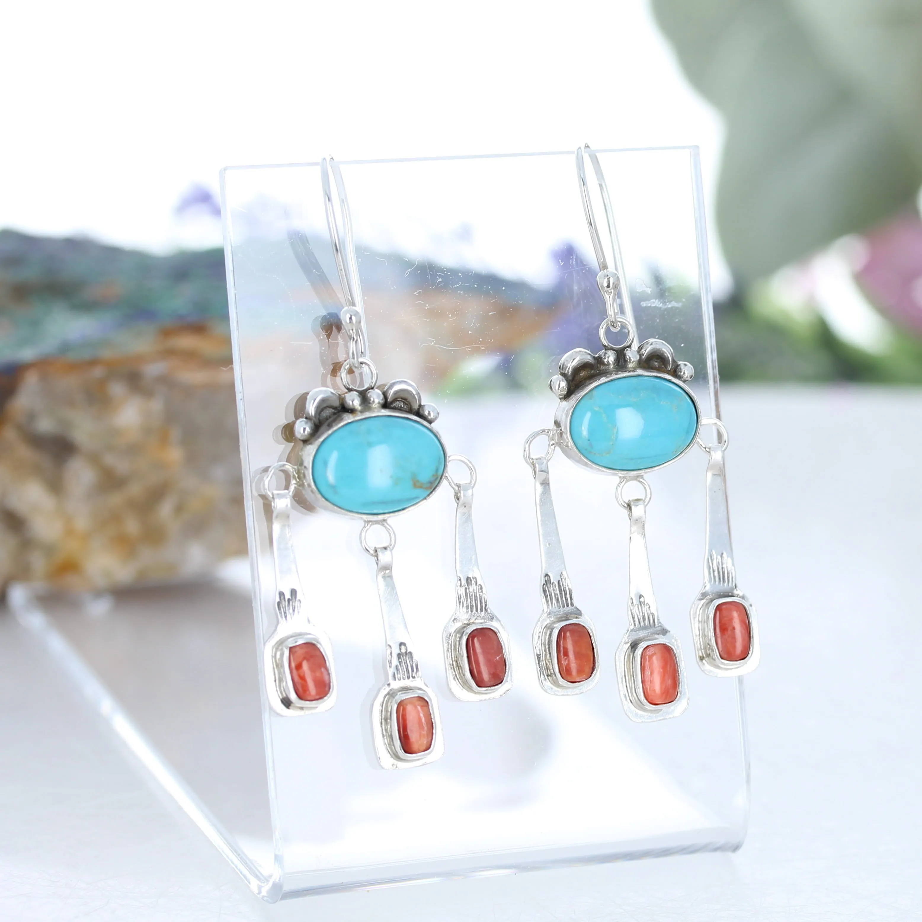 Sonoran Rose Turquoise with Spiny Oyster Boho Dangle Earrings Sterling