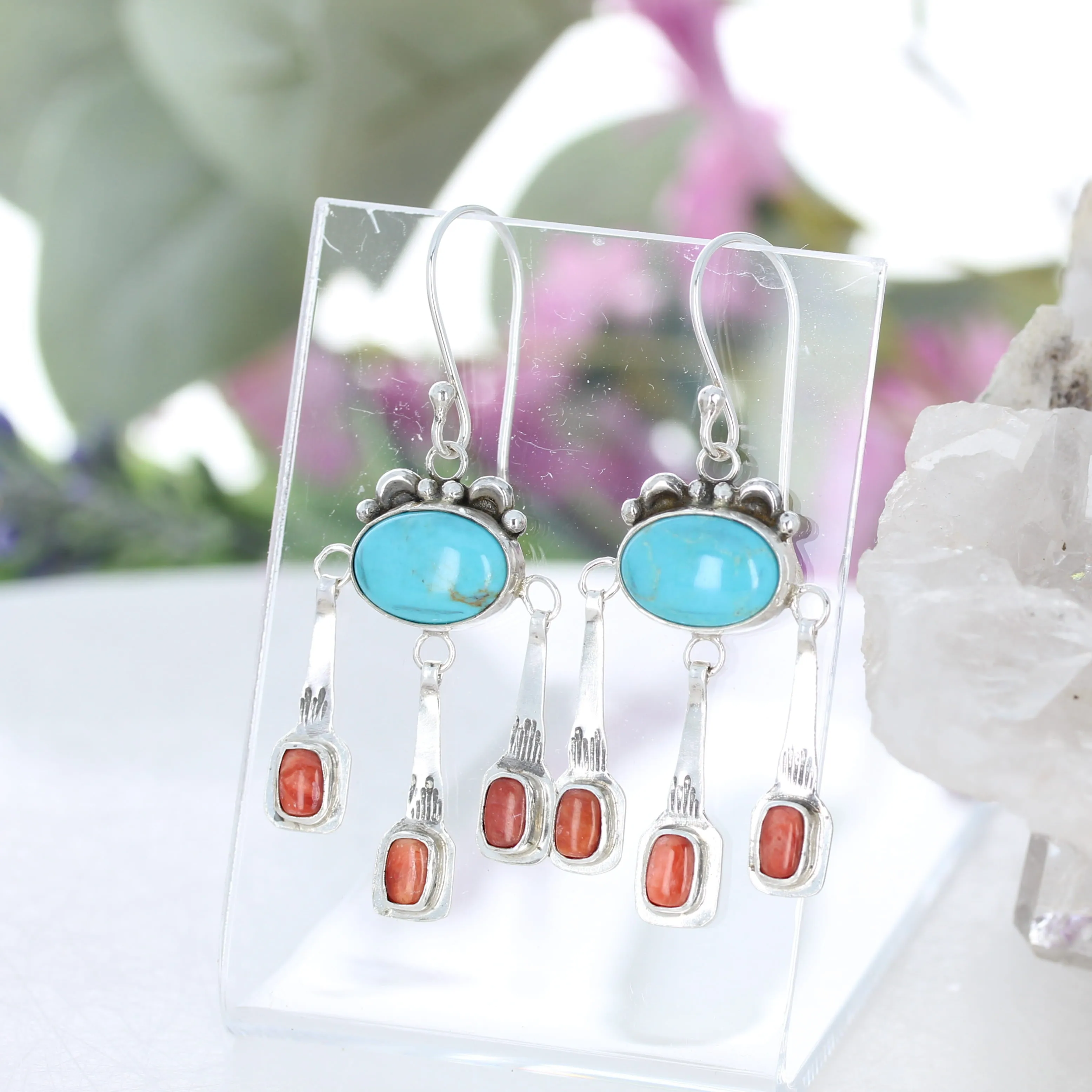 Sonoran Rose Turquoise with Spiny Oyster Boho Dangle Earrings Sterling