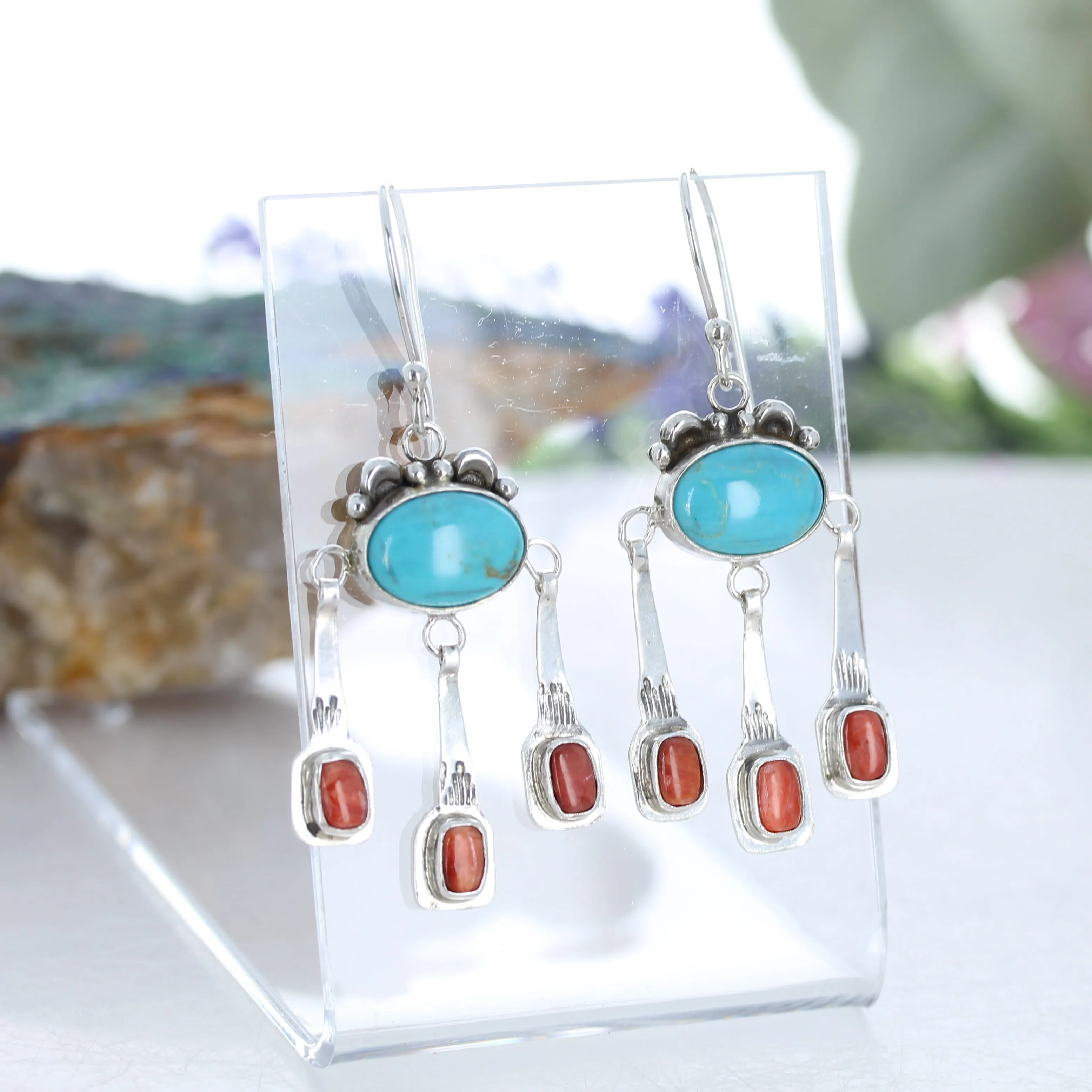 Sonoran Rose Turquoise with Spiny Oyster Boho Dangle Earrings Sterling