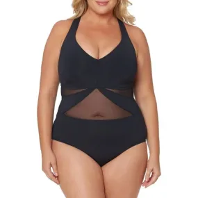 Spandex Mesh Patchwork One Piece Trikini Plus Size Swim Suit for Women